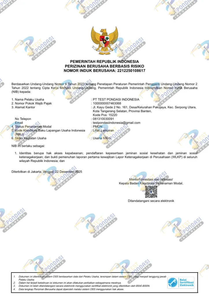 NIB PT TEST PONDASI INDONESIA (IZIN USAHA)